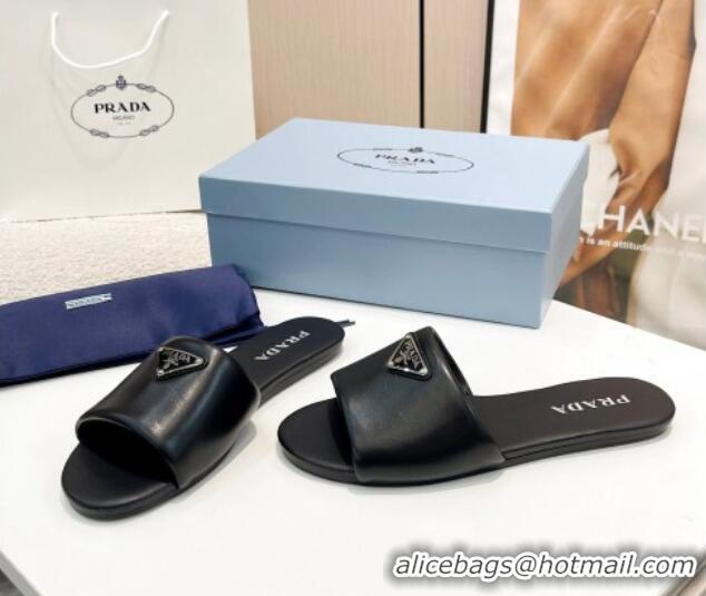 Generous Prada Leather Flat Slide Sandals Black 430102