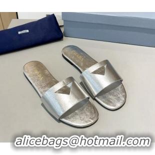 Good Looking Prada Leather Flat Slide Sandals with Cut-out Triangle Silver 430103