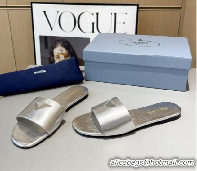 Good Looking Prada Leather Flat Slide Sandals with Cut-out Triangle Silver 430103