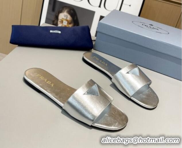 Good Looking Prada Leather Flat Slide Sandals with Cut-out Triangle Silver 430103