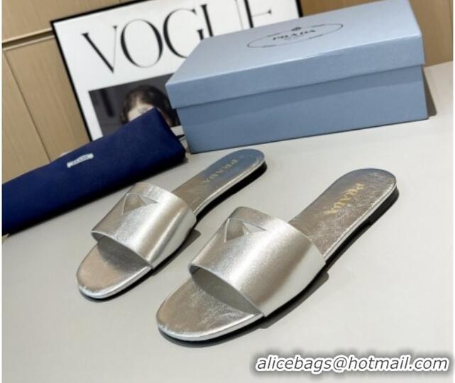 Good Looking Prada Leather Flat Slide Sandals with Cut-out Triangle Silver 430103