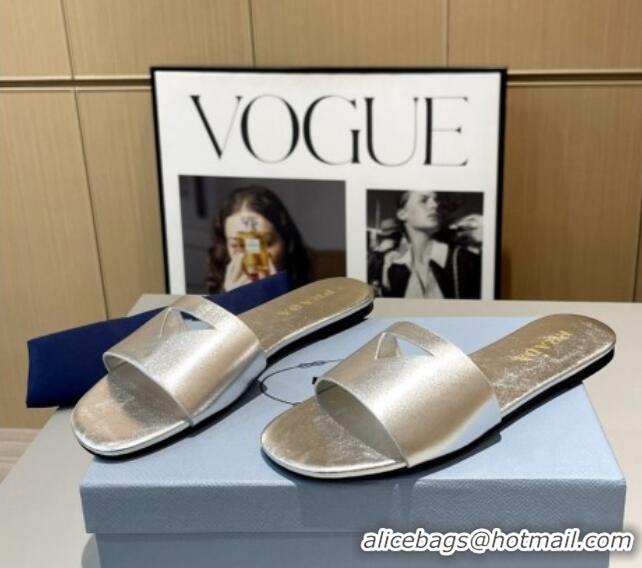 Good Looking Prada Leather Flat Slide Sandals with Cut-out Triangle Silver 430103