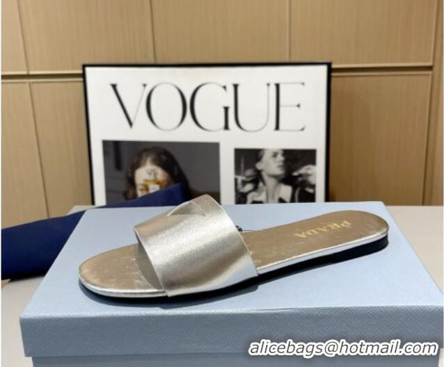 Good Looking Prada Leather Flat Slide Sandals with Cut-out Triangle Silver 430103