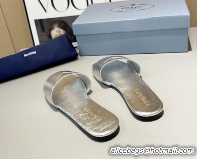 Good Looking Prada Leather Flat Slide Sandals with Cut-out Triangle Silver 430103