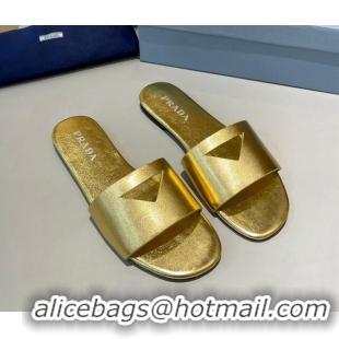 Good Quality Prada Leather Flat Slide Sandals with Cut-out Triangle Gold 430104