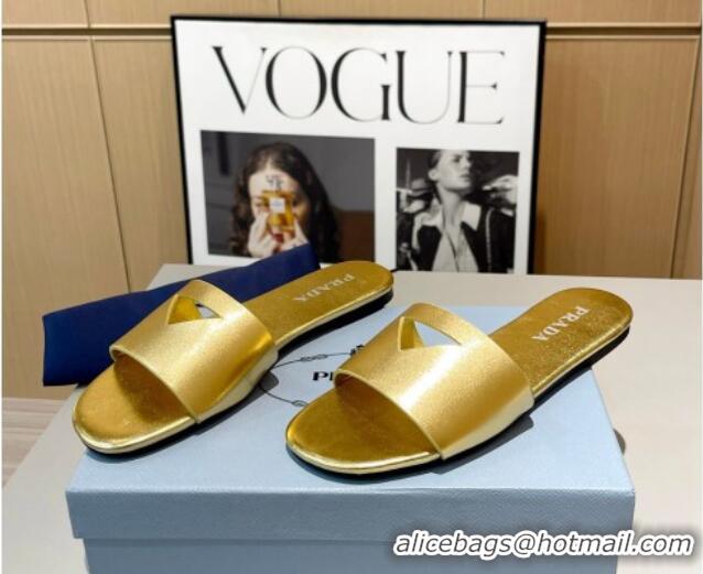 Good Quality Prada Leather Flat Slide Sandals with Cut-out Triangle Gold 430104