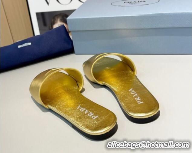 Good Quality Prada Leather Flat Slide Sandals with Cut-out Triangle Gold 430104