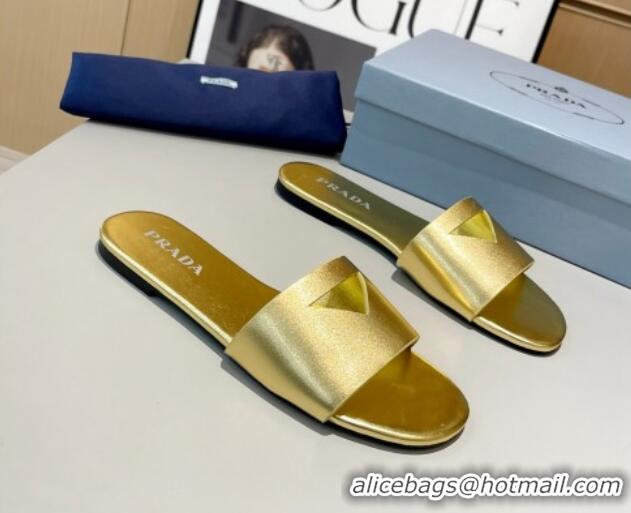 Good Quality Prada Leather Flat Slide Sandals with Cut-out Triangle Gold 430104