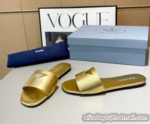 Good Quality Prada Leather Flat Slide Sandals with Cut-out Triangle Gold 430104