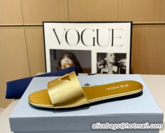 Good Quality Prada Leather Flat Slide Sandals with Cut-out Triangle Gold 430104