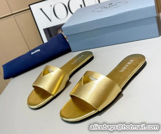 Good Quality Prada Leather Flat Slide Sandals with Cut-out Triangle Gold 430104