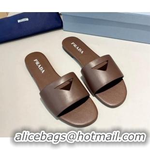 Best Grade Prada Leather Flat Slide Sandals with Cut-out Triangle Dark Brown 430105