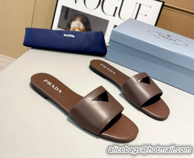 Best Grade Prada Leather Flat Slide Sandals with Cut-out Triangle Dark Brown 430105