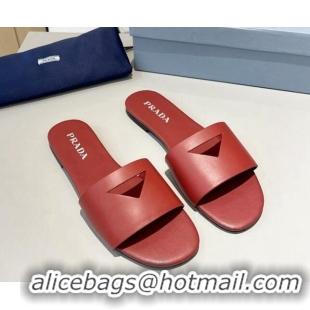 Grade Quality Prada Leather Flat Slide Sandals with Cut-out Triangle Red 430106