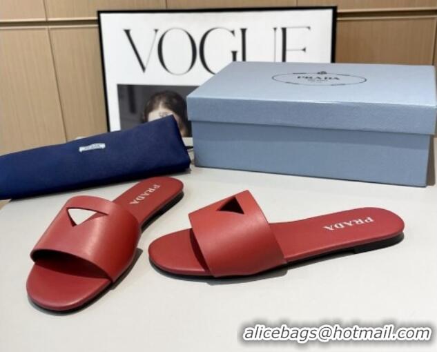 Grade Quality Prada Leather Flat Slide Sandals with Cut-out Triangle Red 430106