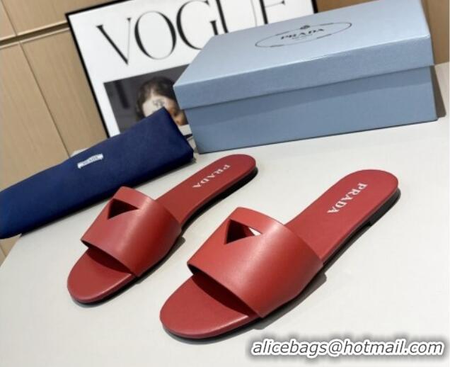 Grade Quality Prada Leather Flat Slide Sandals with Cut-out Triangle Red 430106