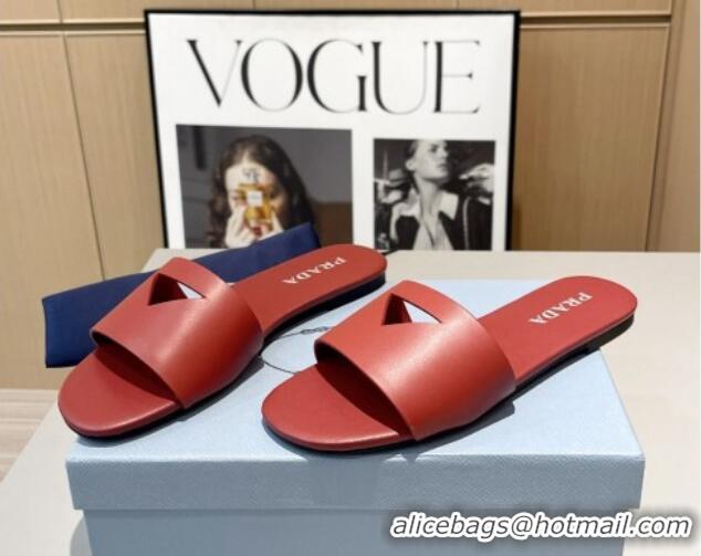 Grade Quality Prada Leather Flat Slide Sandals with Cut-out Triangle Red 430106