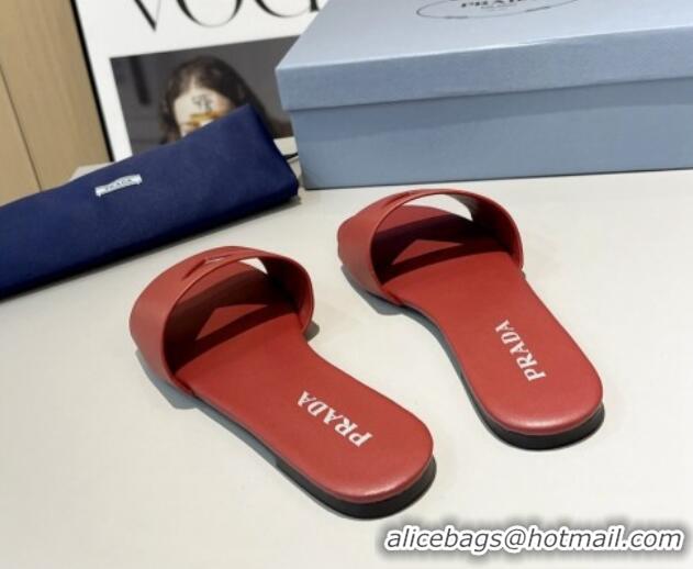 Grade Quality Prada Leather Flat Slide Sandals with Cut-out Triangle Red 430106