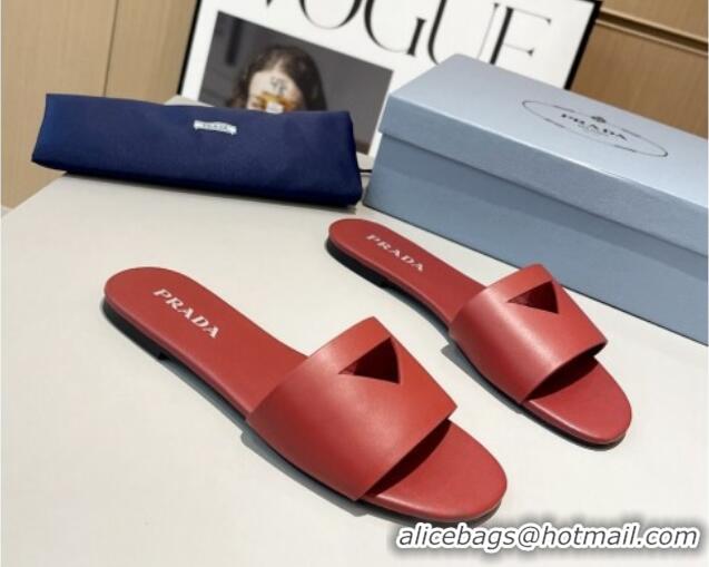 Grade Quality Prada Leather Flat Slide Sandals with Cut-out Triangle Red 430106