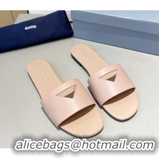 Unique Style Prada Leather Flat Slide Sandals with Cut-out Triangle Light Pink 430107