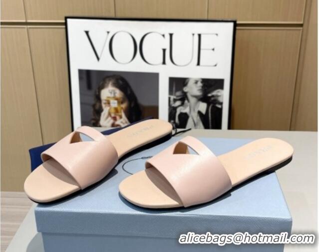 Unique Style Prada Leather Flat Slide Sandals with Cut-out Triangle Light Pink 430107