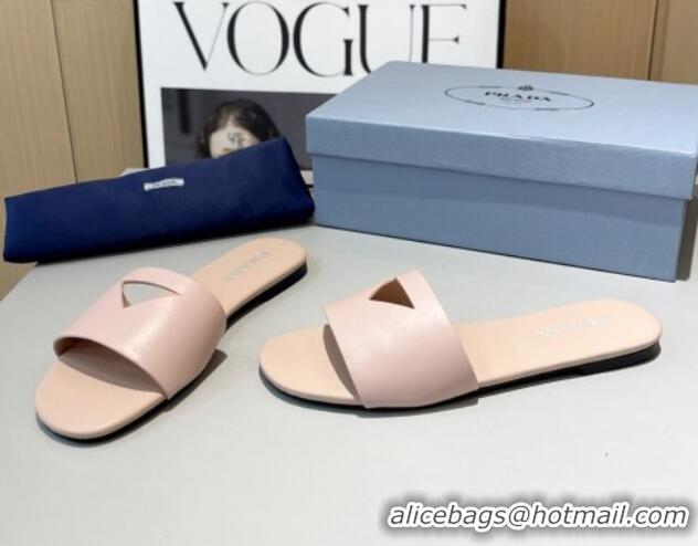 Unique Style Prada Leather Flat Slide Sandals with Cut-out Triangle Light Pink 430107