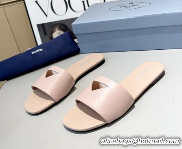 Unique Style Prada Leather Flat Slide Sandals with Cut-out Triangle Light Pink 430107