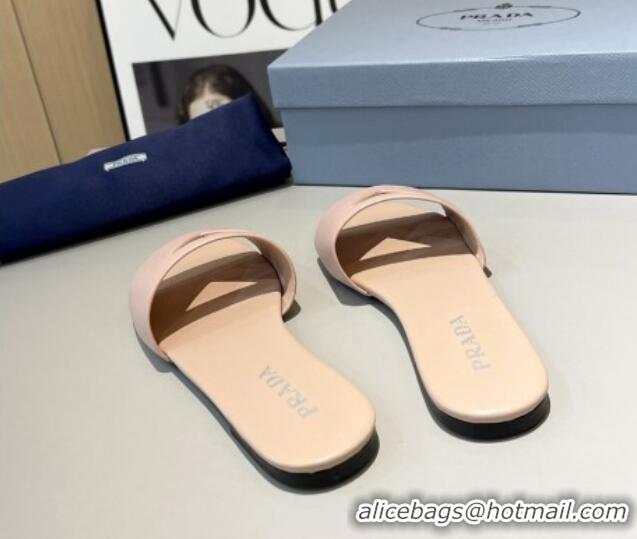 Unique Style Prada Leather Flat Slide Sandals with Cut-out Triangle Light Pink 430107