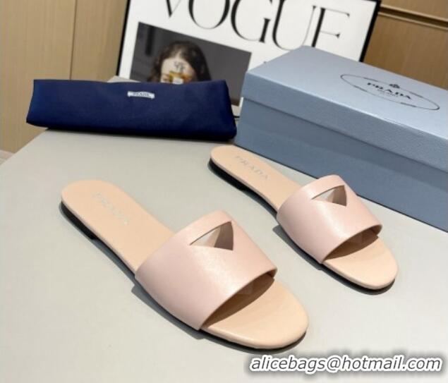 Unique Style Prada Leather Flat Slide Sandals with Cut-out Triangle Light Pink 430107