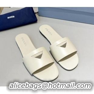 Best Product Prada Leather Flat Slide Sandals with Cut-out Triangle White 430108