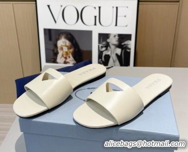 Best Product Prada Leather Flat Slide Sandals with Cut-out Triangle White 430108