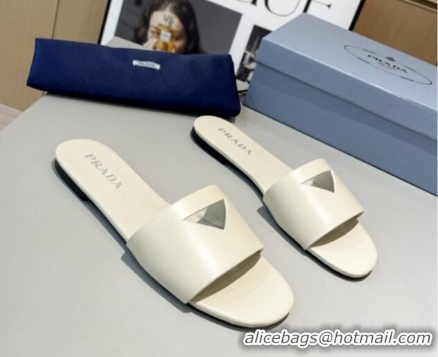 Best Product Prada Leather Flat Slide Sandals with Cut-out Triangle White 430108