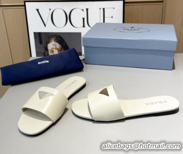 Best Product Prada Leather Flat Slide Sandals with Cut-out Triangle White 430108