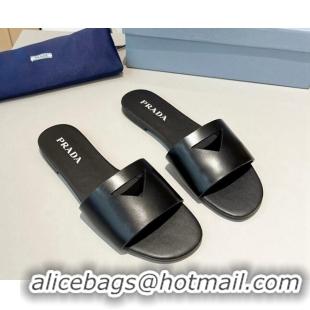 Best Price Prada Leather Flat Slide Sandals with Cut-out Triangle Black 430109