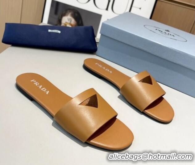 Pretty Style Prada Leather Flat Slide Sandals with Cut-out Triangle Tan Brown 430110