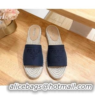 Luxury Prada Canvas Espadrille Flat Slides Sandal Dark Blue 611070