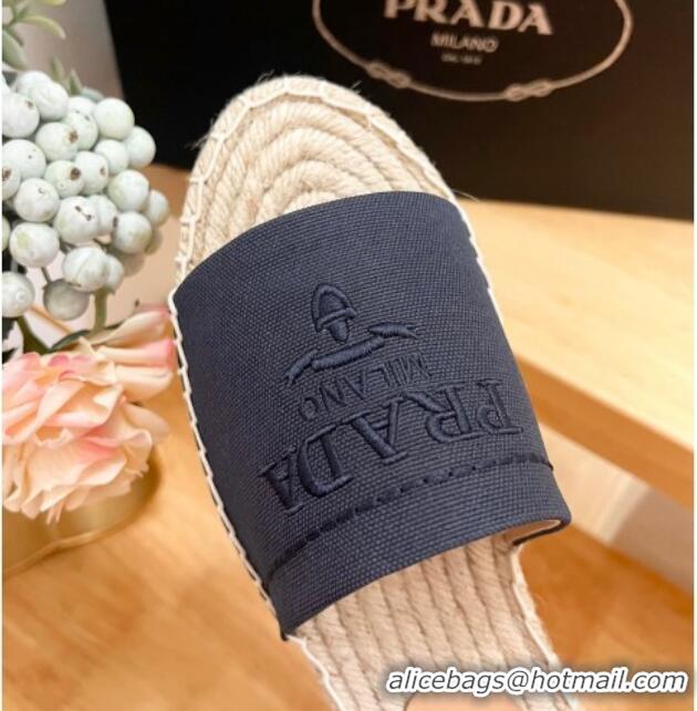 Luxury Prada Canvas Espadrille Flat Slides Sandal Dark Blue 611070