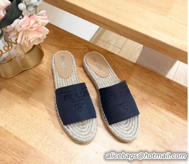 Luxury Prada Canvas Espadrille Flat Slides Sandal Dark Blue 611070