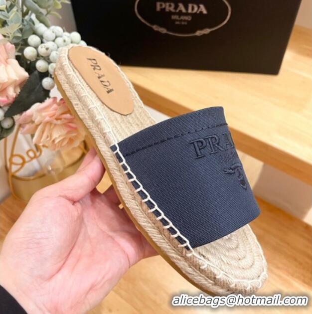 Luxury Prada Canvas Espadrille Flat Slides Sandal Dark Blue 611070