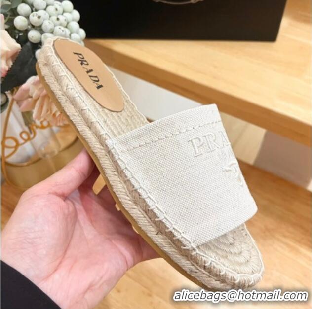 Top Grade Prada Canvas Espadrille Flat Slides Sandal White 611071