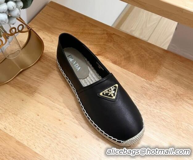 Classic Hot Prada Leather Espadrilles Flat Black 611077