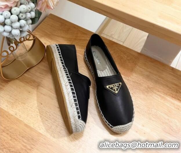 Classic Hot Prada Leather Espadrilles Flat Black 611077