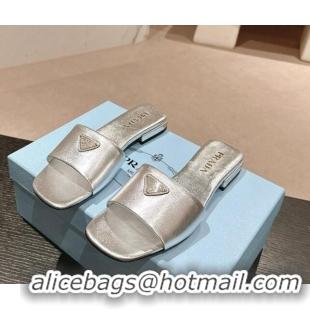 Good Product Prada Leather Flat Slides Sandal Silver 611079