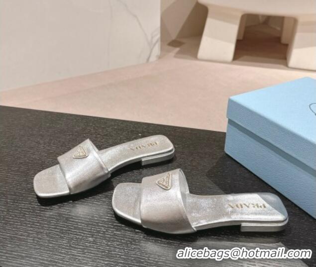 Good Product Prada Leather Flat Slides Sandal Silver 611079