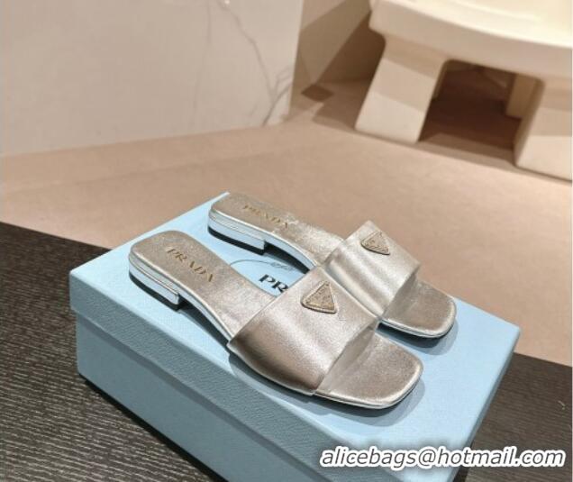 Good Product Prada Leather Flat Slides Sandal Silver 611079