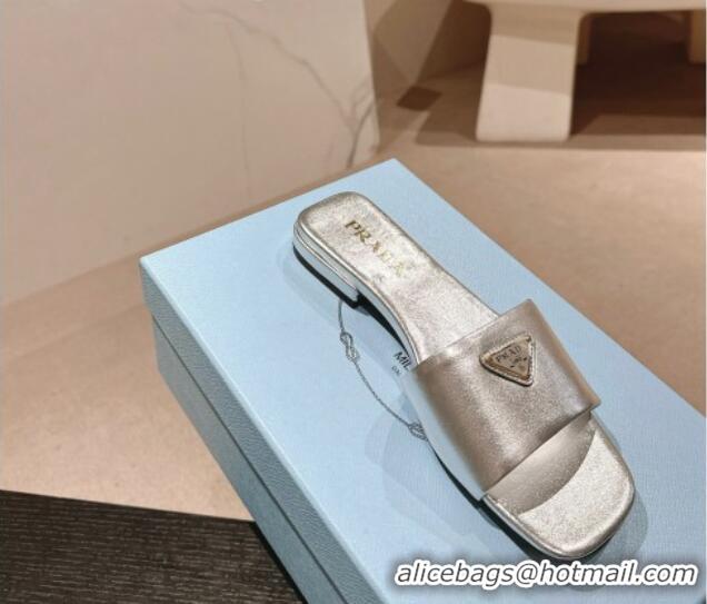 Good Product Prada Leather Flat Slides Sandal Silver 611079