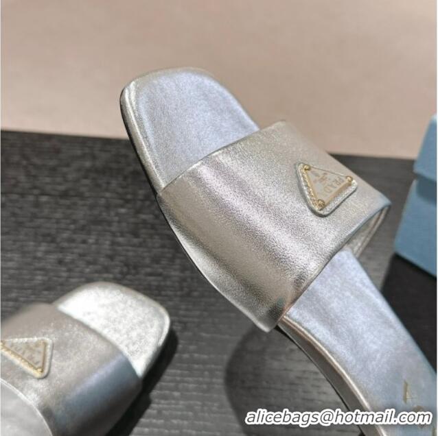 Good Product Prada Leather Flat Slides Sandal Silver 611079