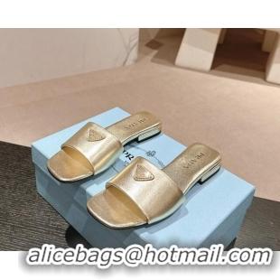 Durable Prada Leather Flat Slides Sandal Gold 611080