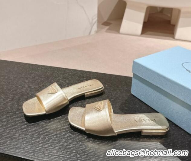 Durable Prada Leather Flat Slides Sandal Gold 611080