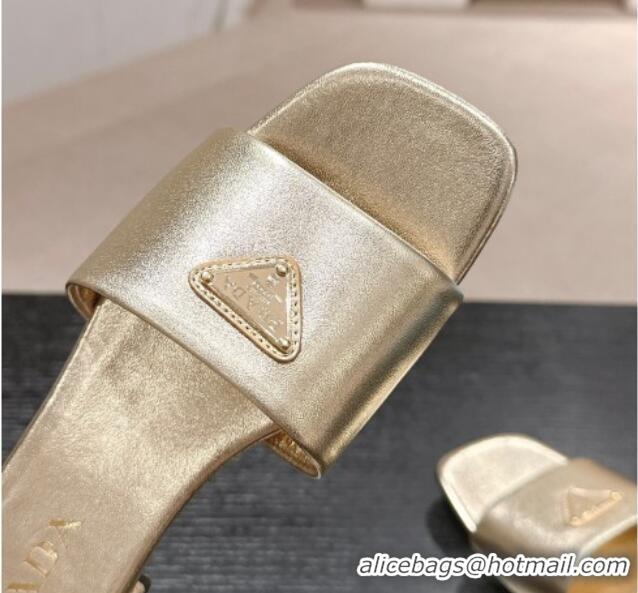 Durable Prada Leather Flat Slides Sandal Gold 611080